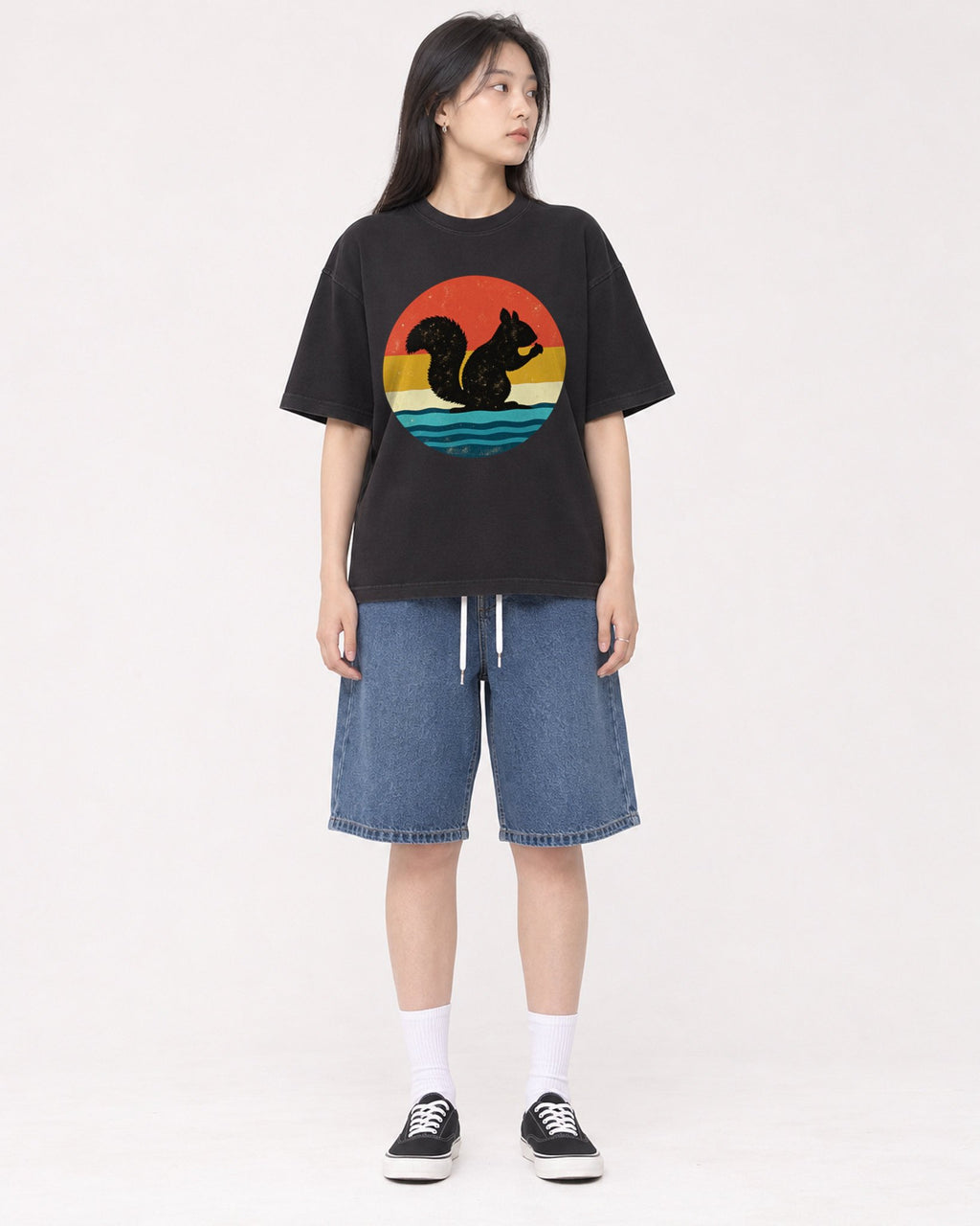 Mockup Boxy Heavyweight Tee Black female full-body 01