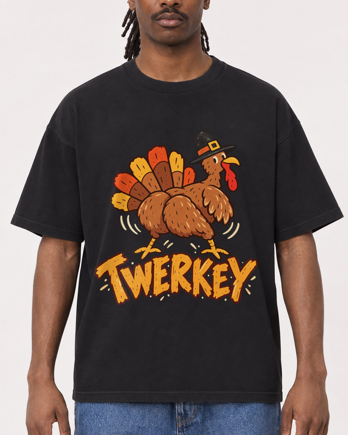 Mockup Boxy Heavyweight Tee Black male close-up 34