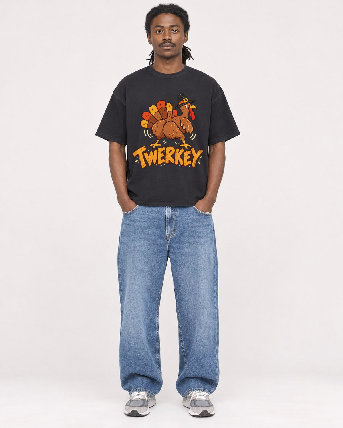Mockup Boxy Heavyweight Tee Black male full-body 34