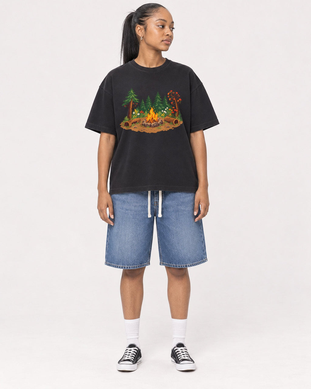 Mockup Boxy Heavyweight Tee Black female full-body 25