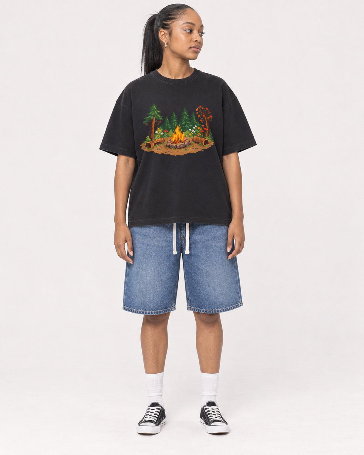 Mockup Boxy Heavyweight Tee Black female full-body 25