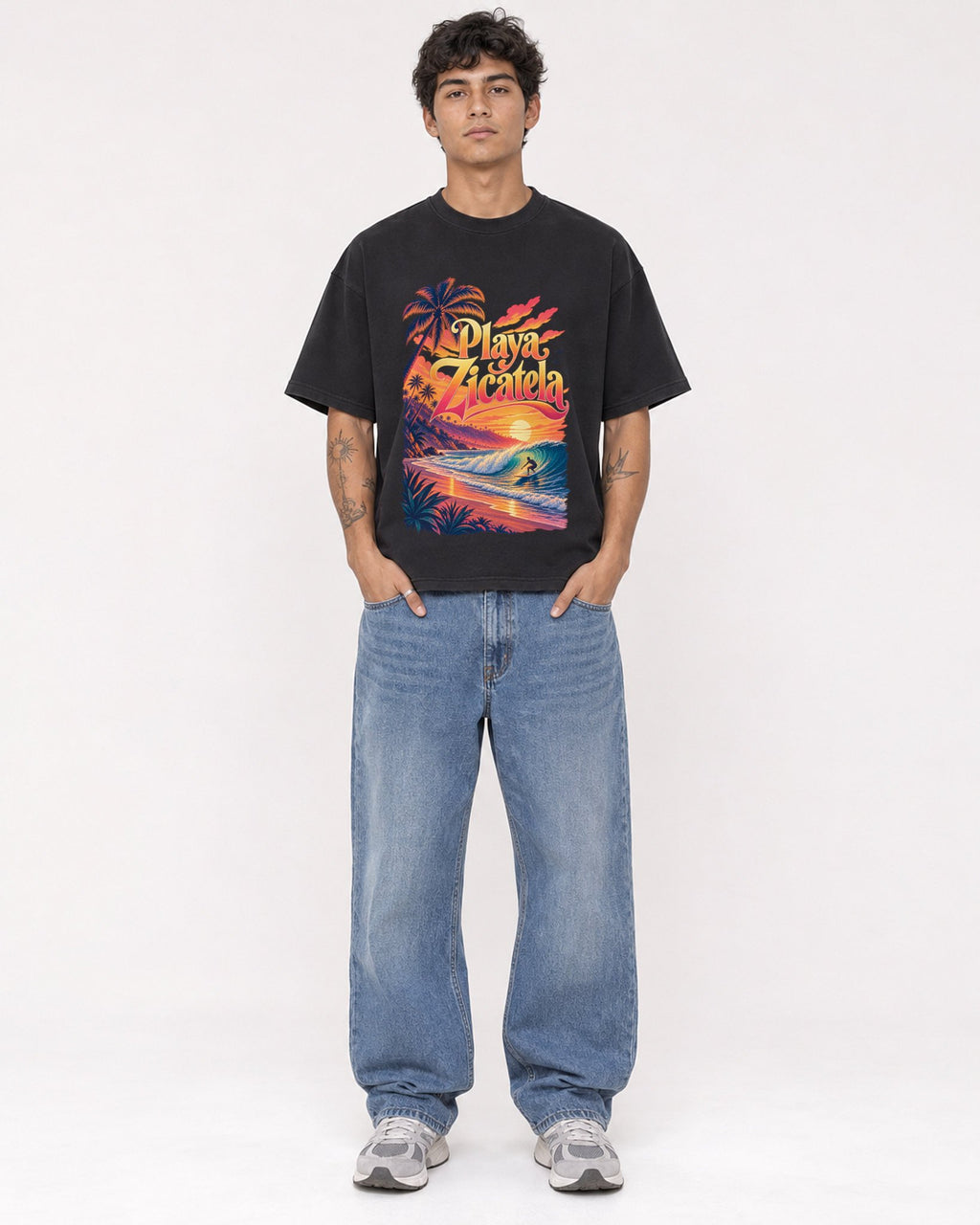 Mockup Boxy Heavyweight Tee Black male full-body 06