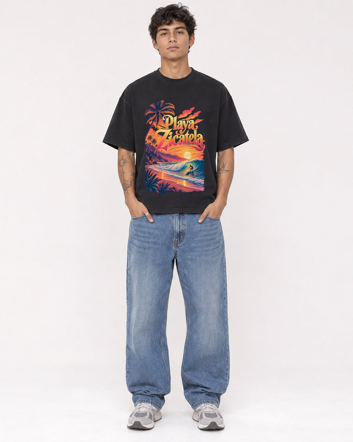 Mockup Boxy Heavyweight Tee Black male full-body 06