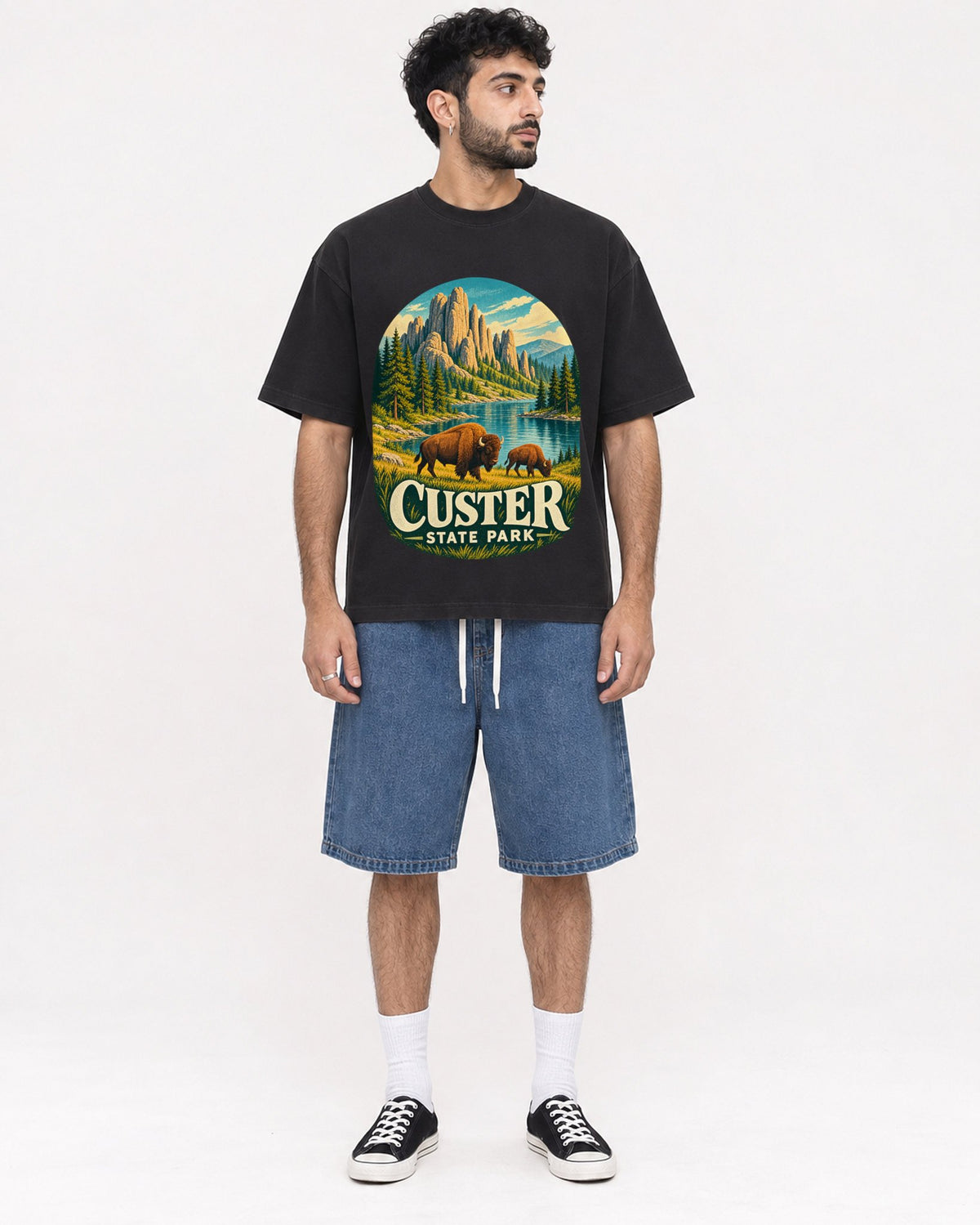 Mockup Boxy Heavyweight Tee Black male full-body 07