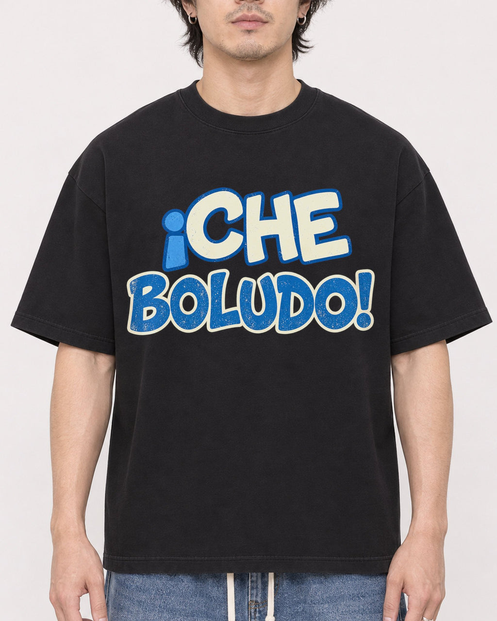 Mockup Boxy Heavyweight Tee Black male close-up 03