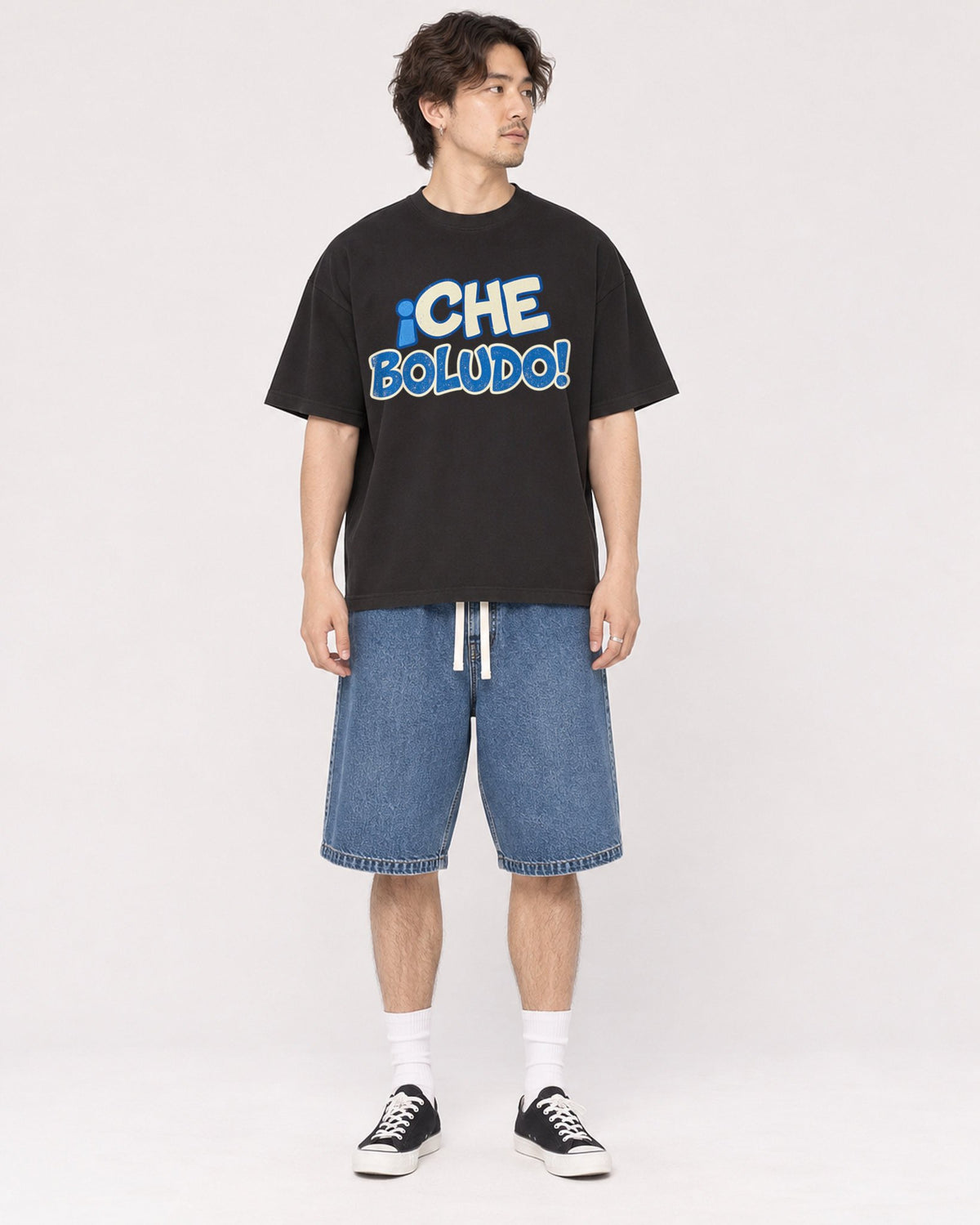 Mockup Boxy Heavyweight Tee Black male full-body 03