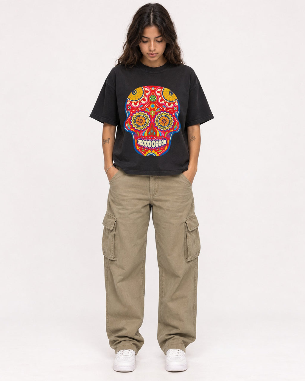 Mockup Boxy Heavyweight Tee Black female full-body 06
