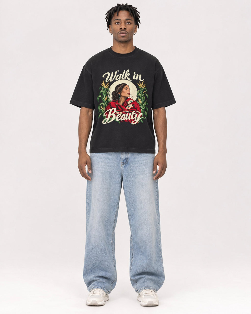 Mockup Boxy Heavyweight Tee Black male full-body 05