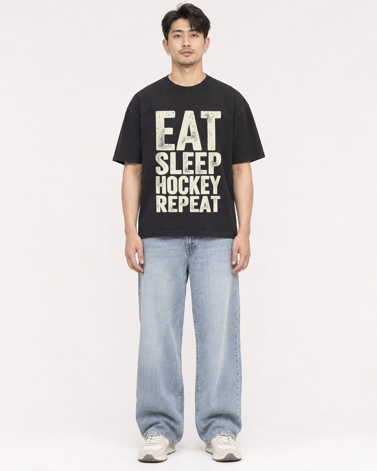 Mockup Boxy Heavyweight Tee Black male full-body 13