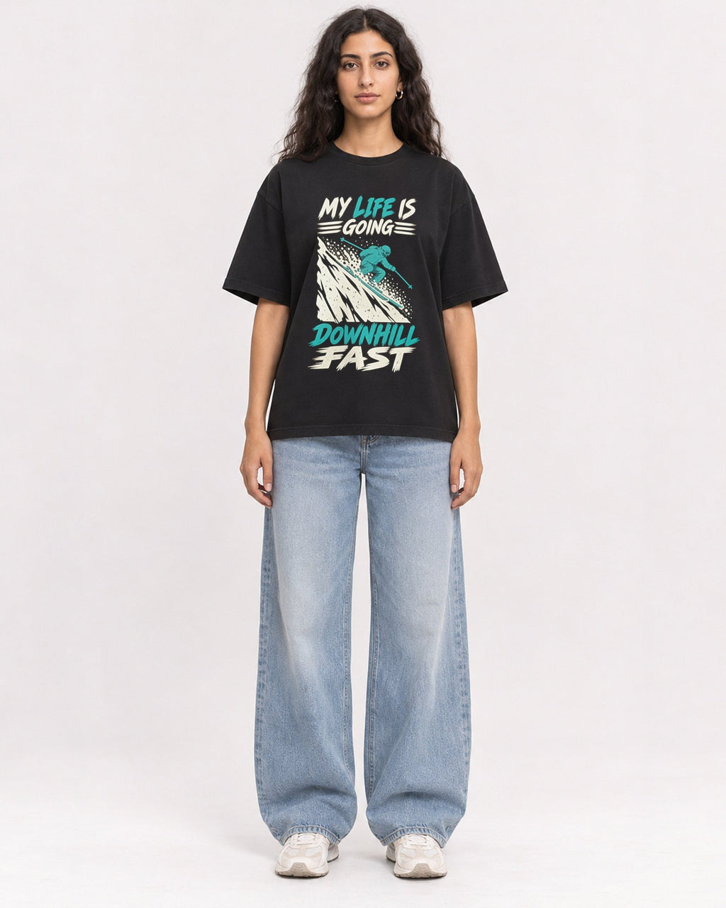 Mockup Boxy Heavyweight Tee Black female full-body 07