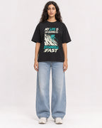 Mockup Boxy Heavyweight Tee Black female full-body 07