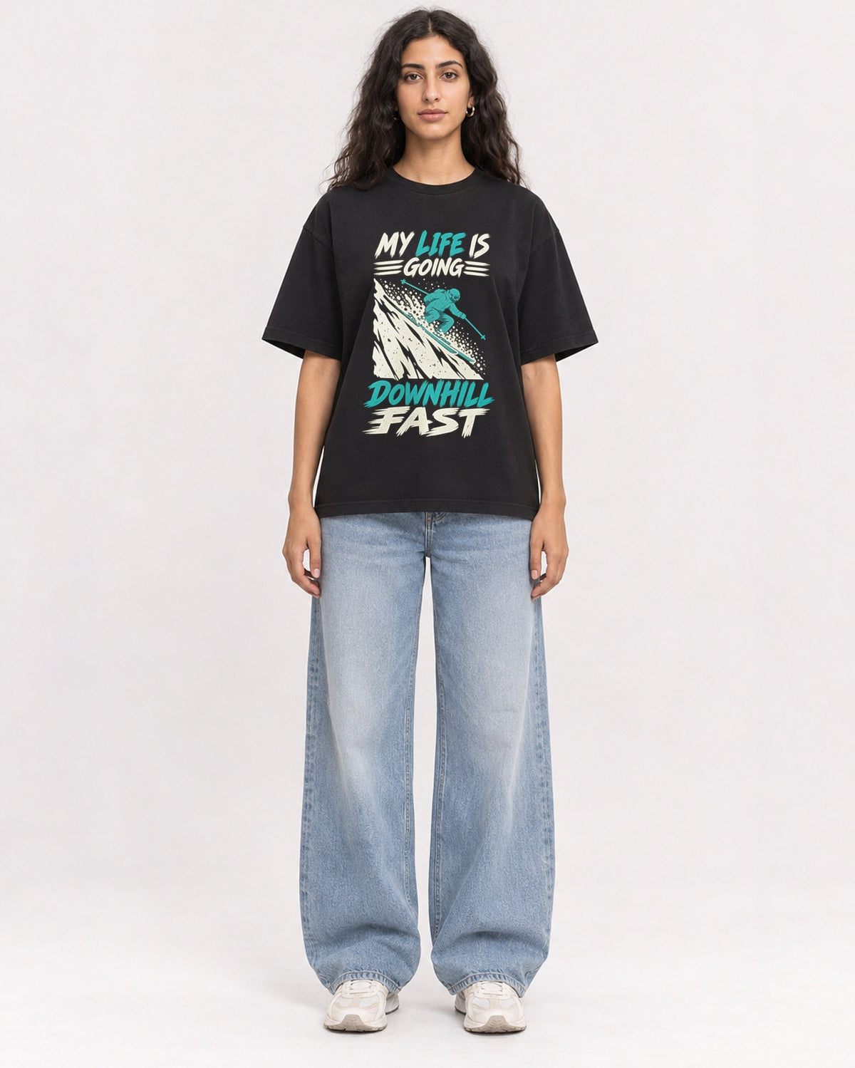 Mockup Boxy Heavyweight Tee Black female full-body 07
