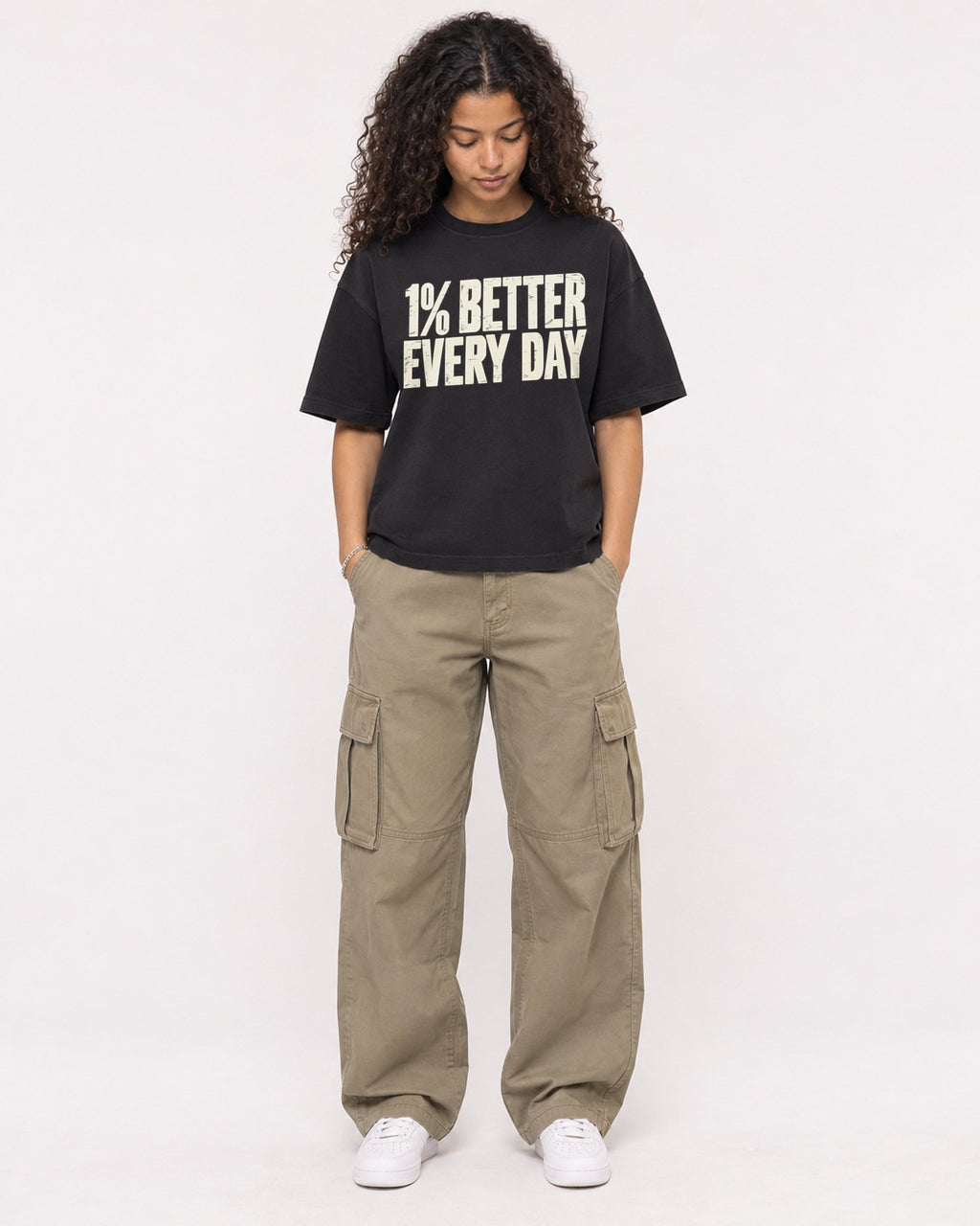 Mockup Boxy Heavyweight Tee Black female full-body 10