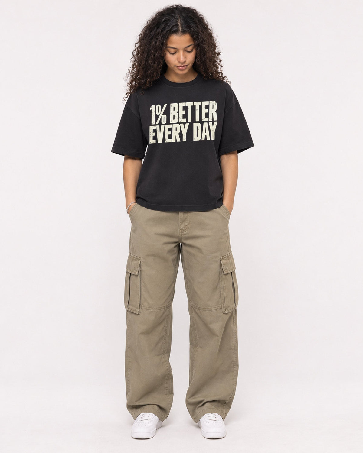 Mockup Boxy Heavyweight Tee Black female full-body 10