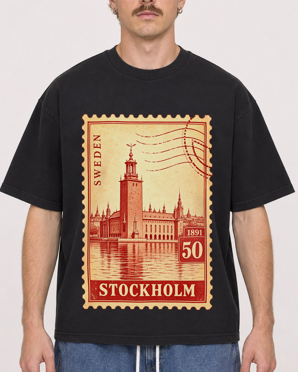Mockup Boxy Heavyweight Tee Black male close-up 19