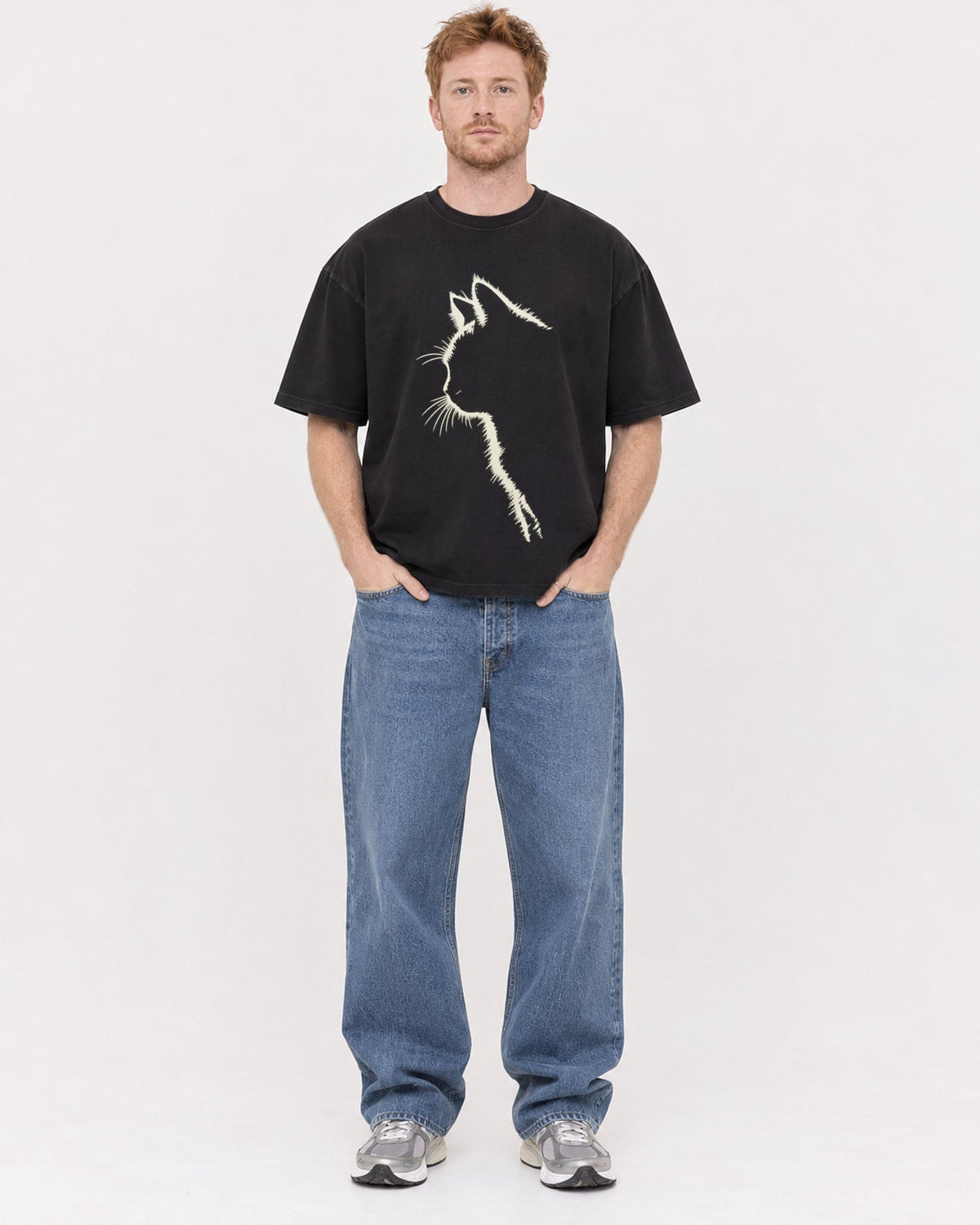 Mockup Boxy Heavyweight Tee Black male full-body 38