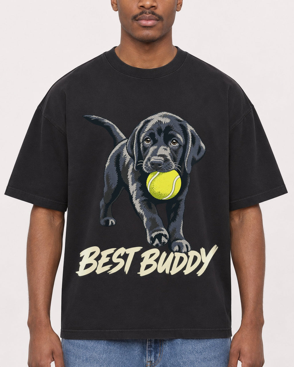 Mockup Boxy Heavyweight Tee Black male close-up 14