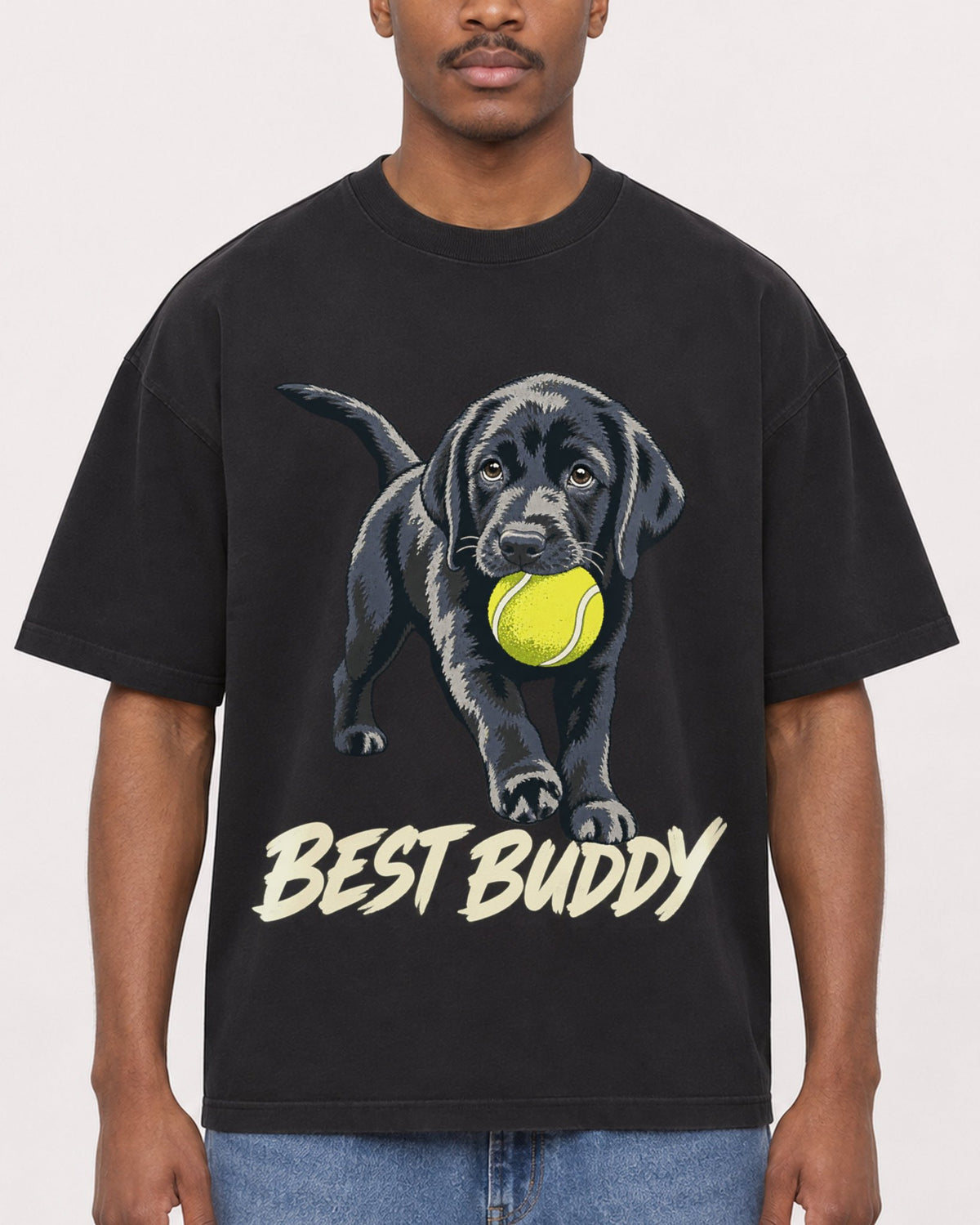 Mockup Boxy Heavyweight Tee Black male close-up 14