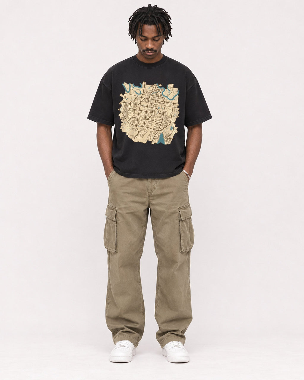 Mockup Boxy Heavyweight Tee Black male full-body 04