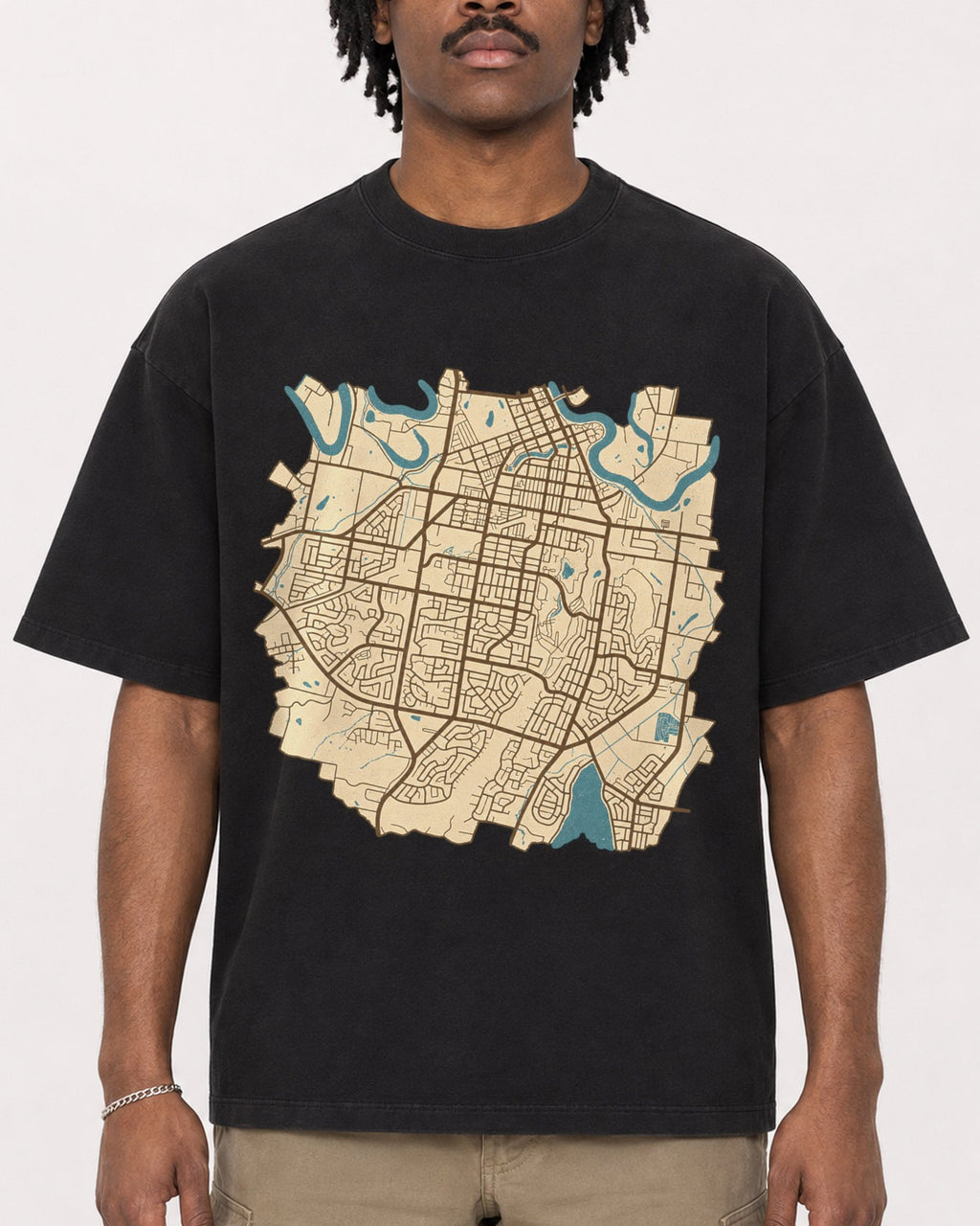 Mockup Boxy Heavyweight Tee Black male close-up 04
