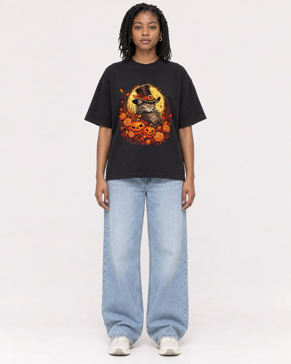 Mockup Boxy Heavyweight Tee Black female full-body 15