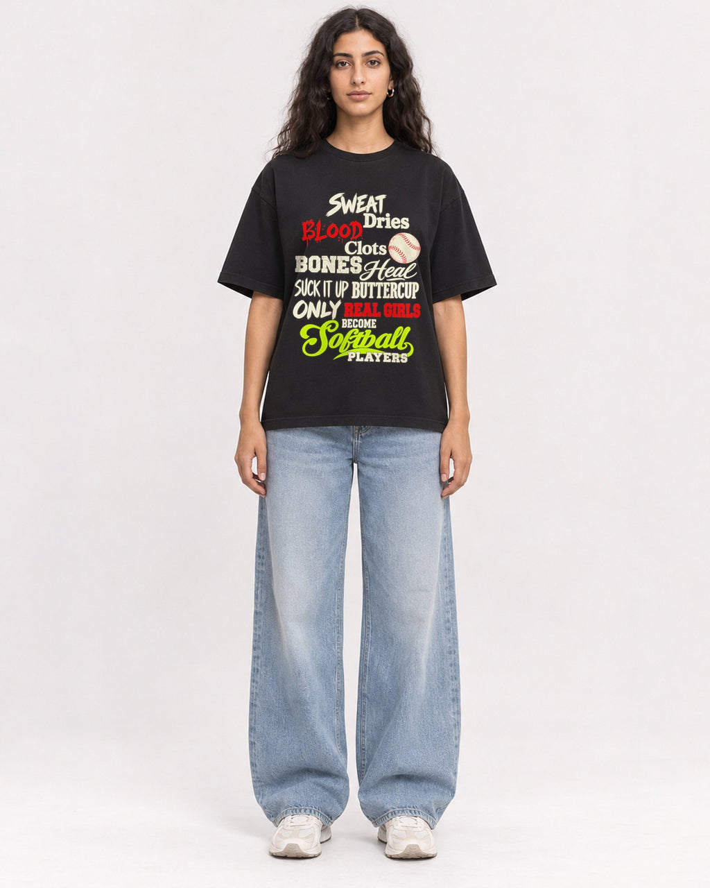 Mockup Boxy Heavyweight Tee Black female full-body 07