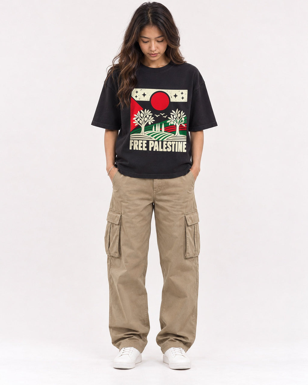 Mockup Boxy Heavyweight Tee Black female full-body 02