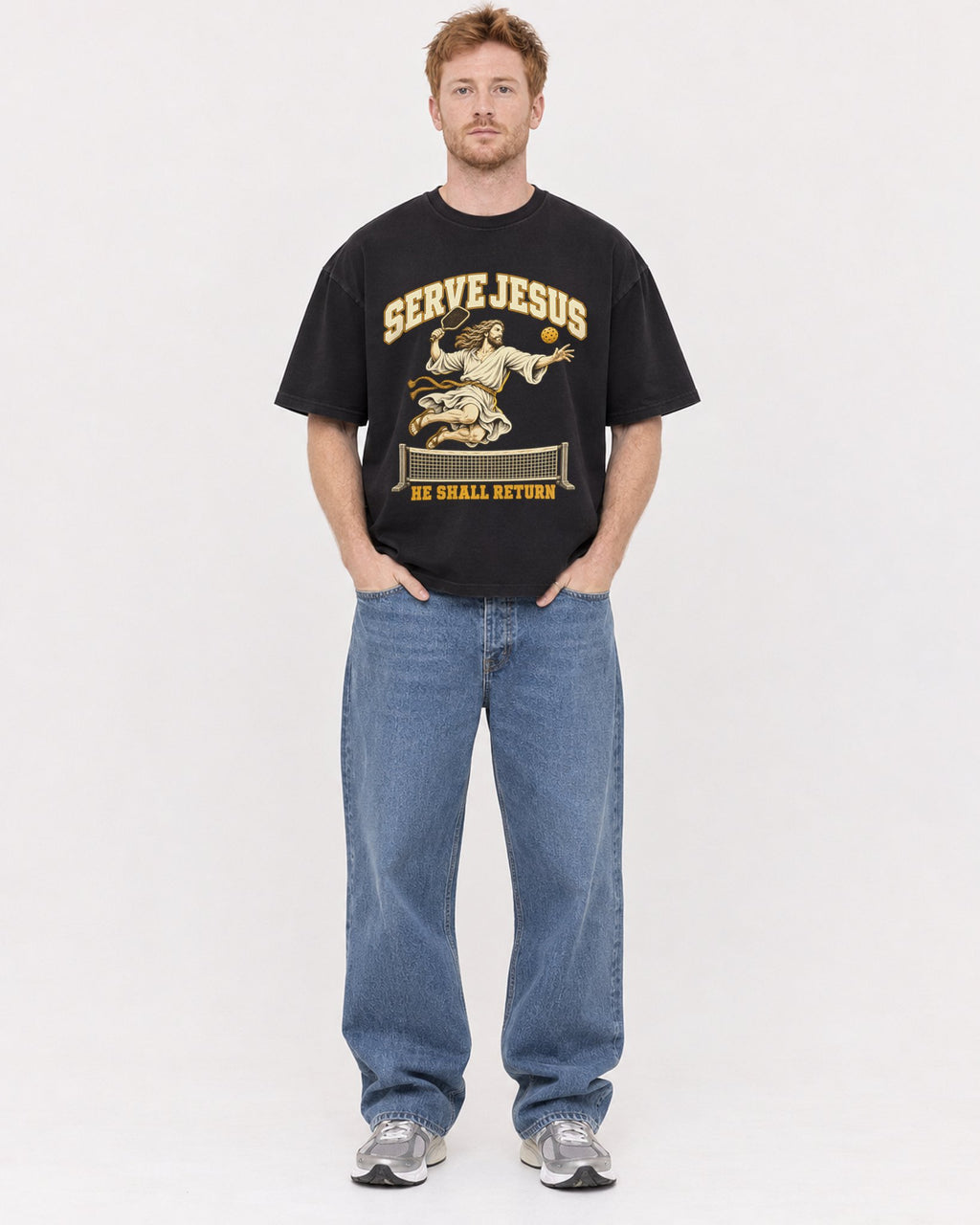 Mockup Boxy Heavyweight Tee Black male full-body 38