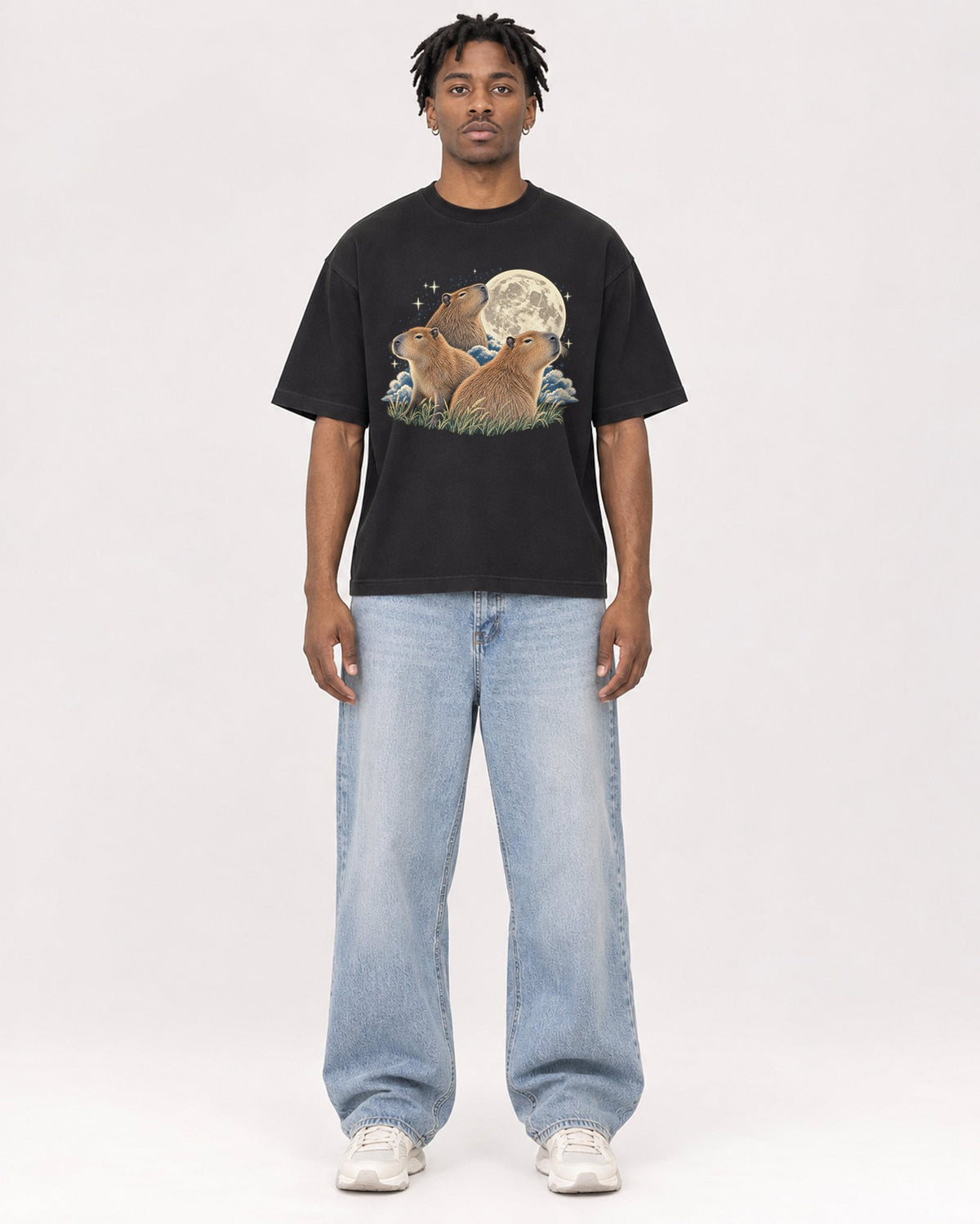 Mockup Boxy Heavyweight Tee Black male full-body 05