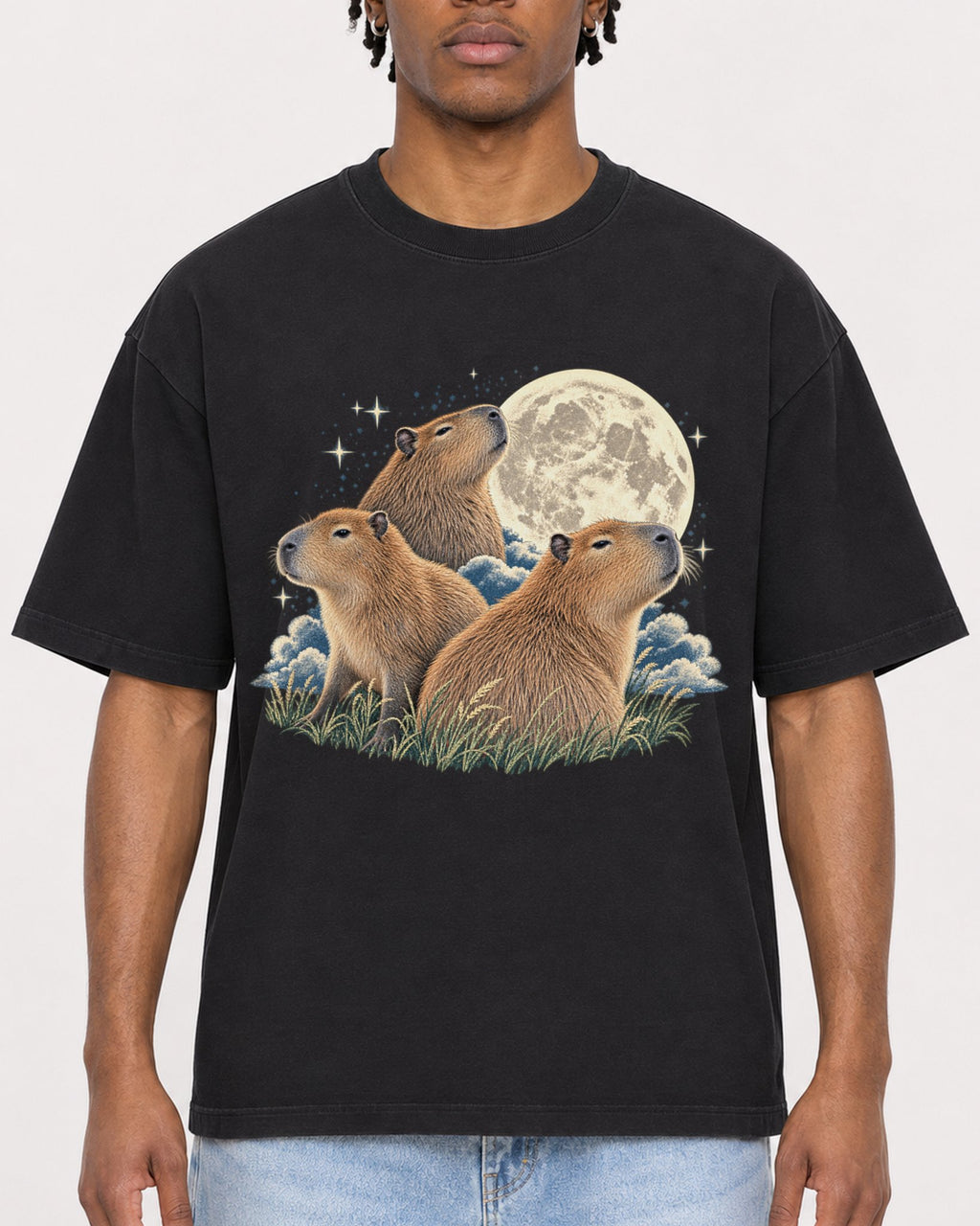 Mockup Boxy Heavyweight Tee Black male close-up 05