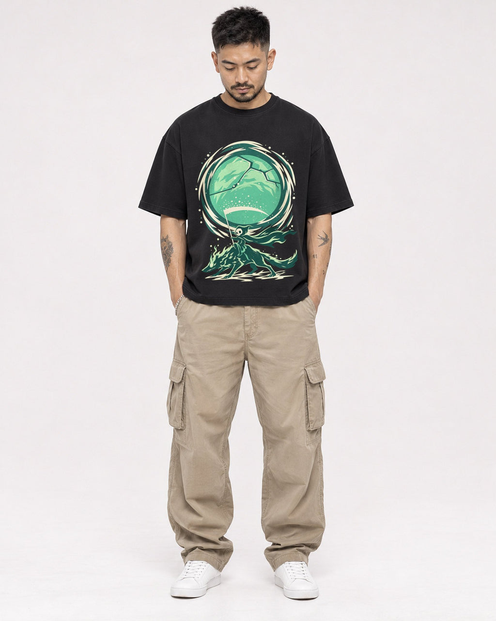 Mockup Boxy Heavyweight Tee Black male full-body 12