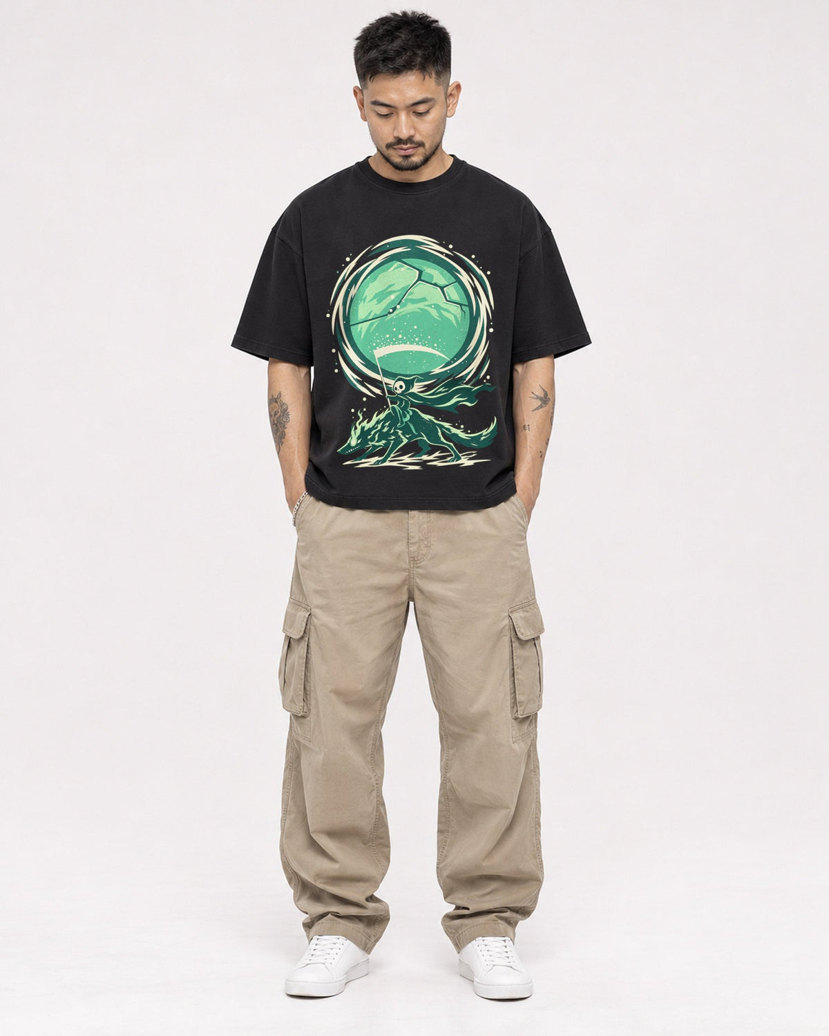 Mockup Boxy Heavyweight Tee Black male full-body 12