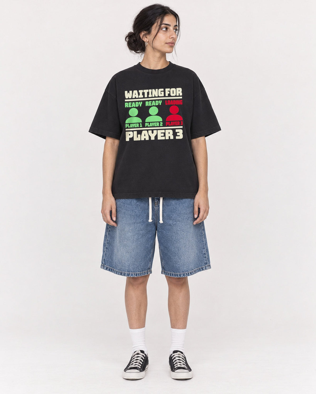Mockup Boxy Heavyweight Tee Black female full-body 17