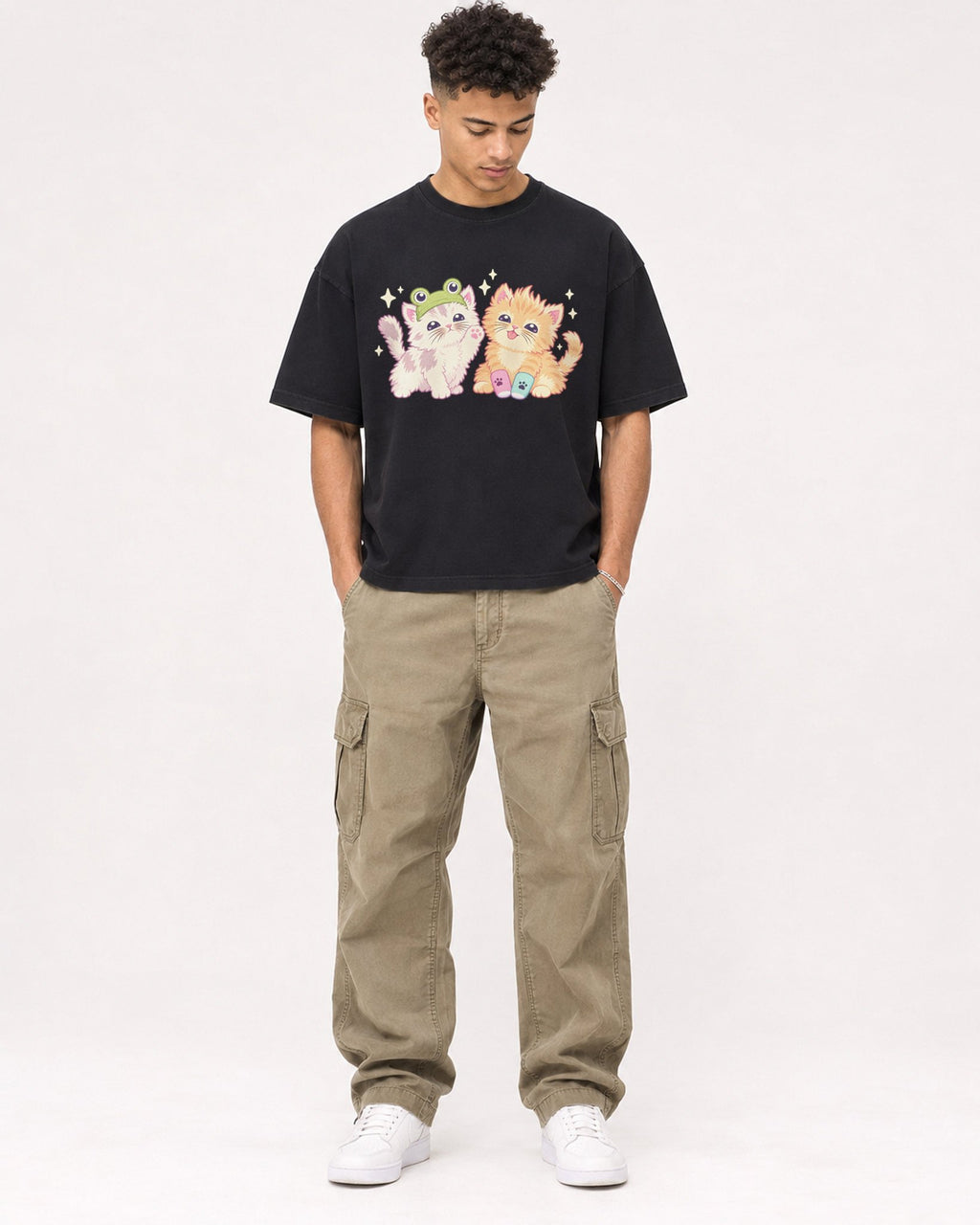 Mockup Boxy Heavyweight Tee Black male full-body 20