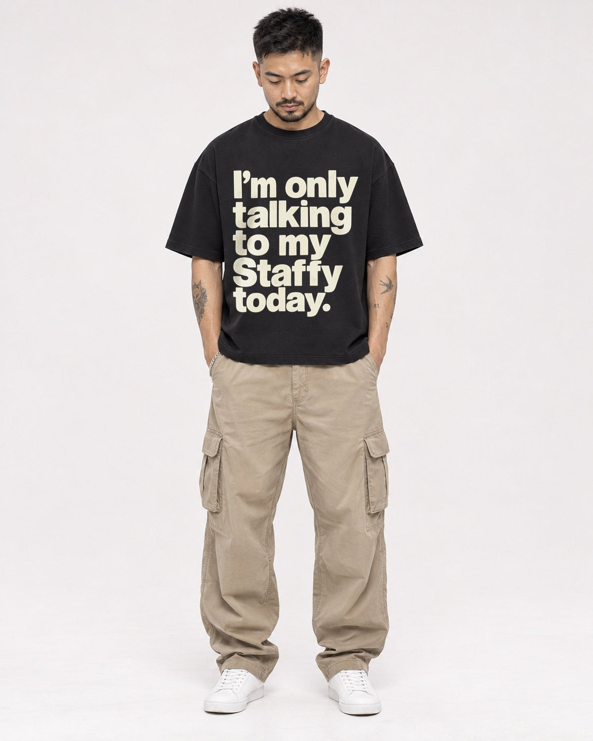 Mockup Boxy Heavyweight Tee Black male full-body 12