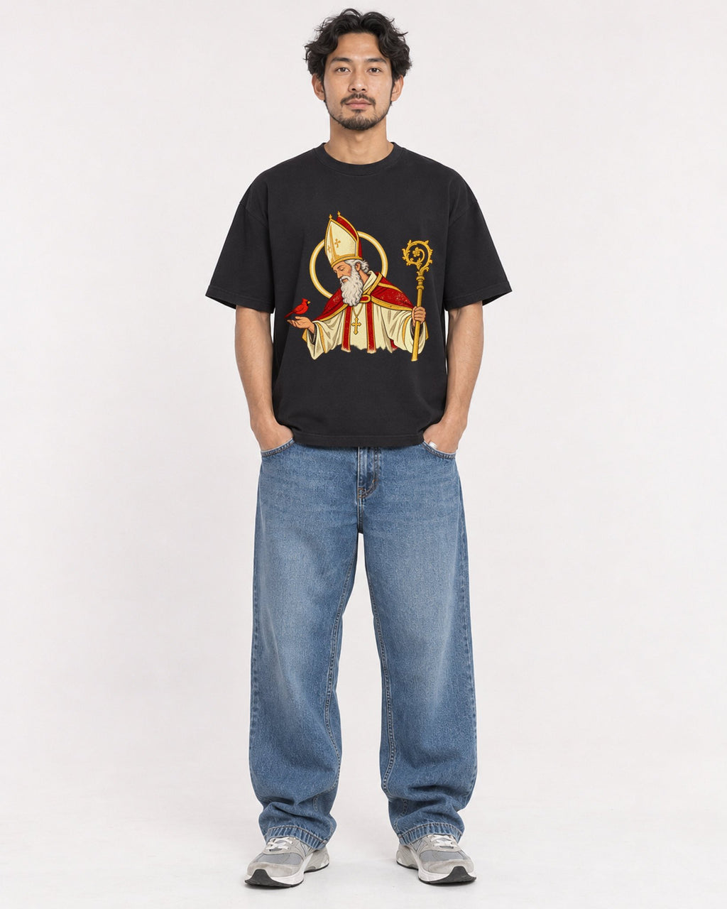 Mockup Boxy Heavyweight Tee Black male full-body 02