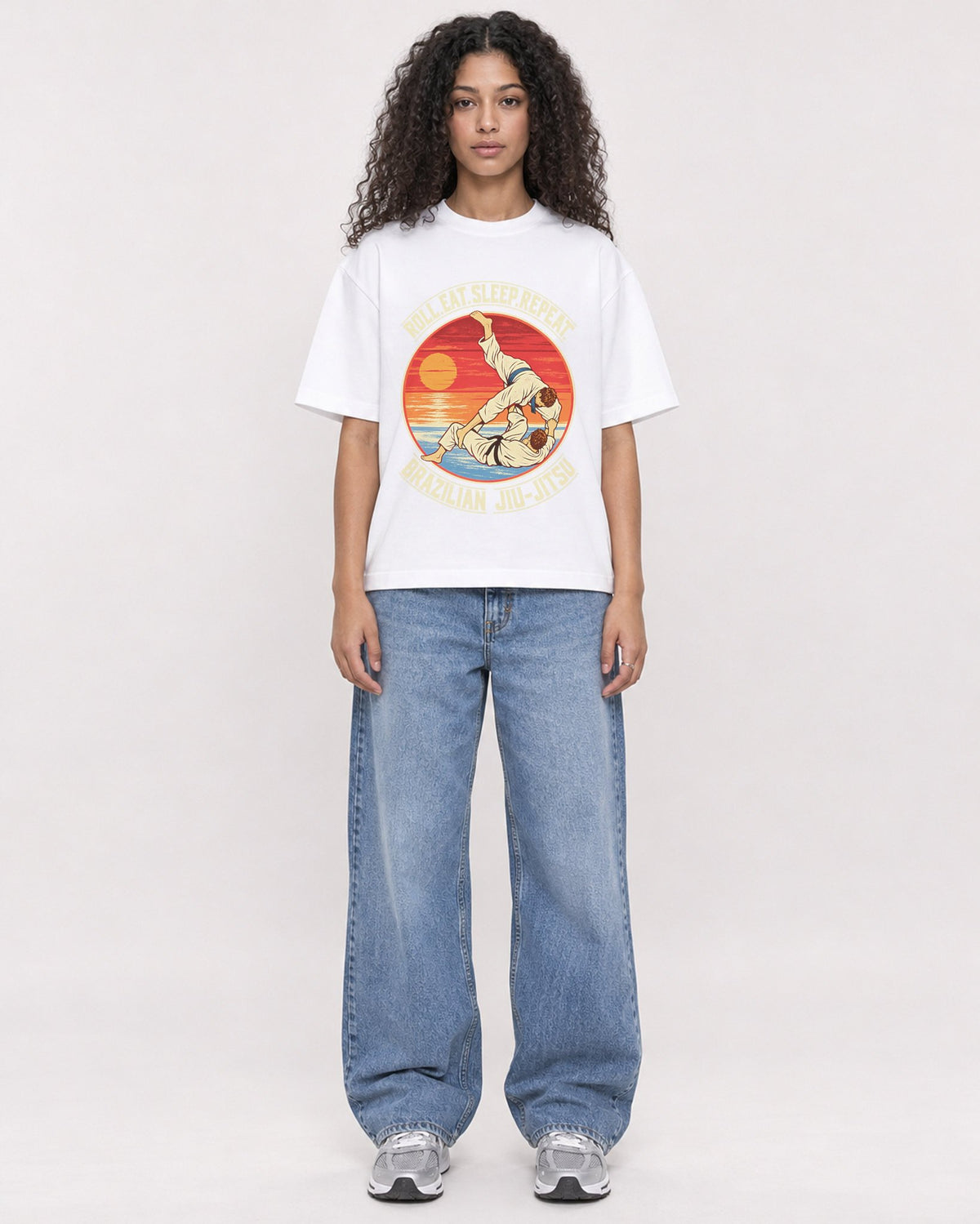 Mockup Boxy Heavyweight Tee White female full-body 10