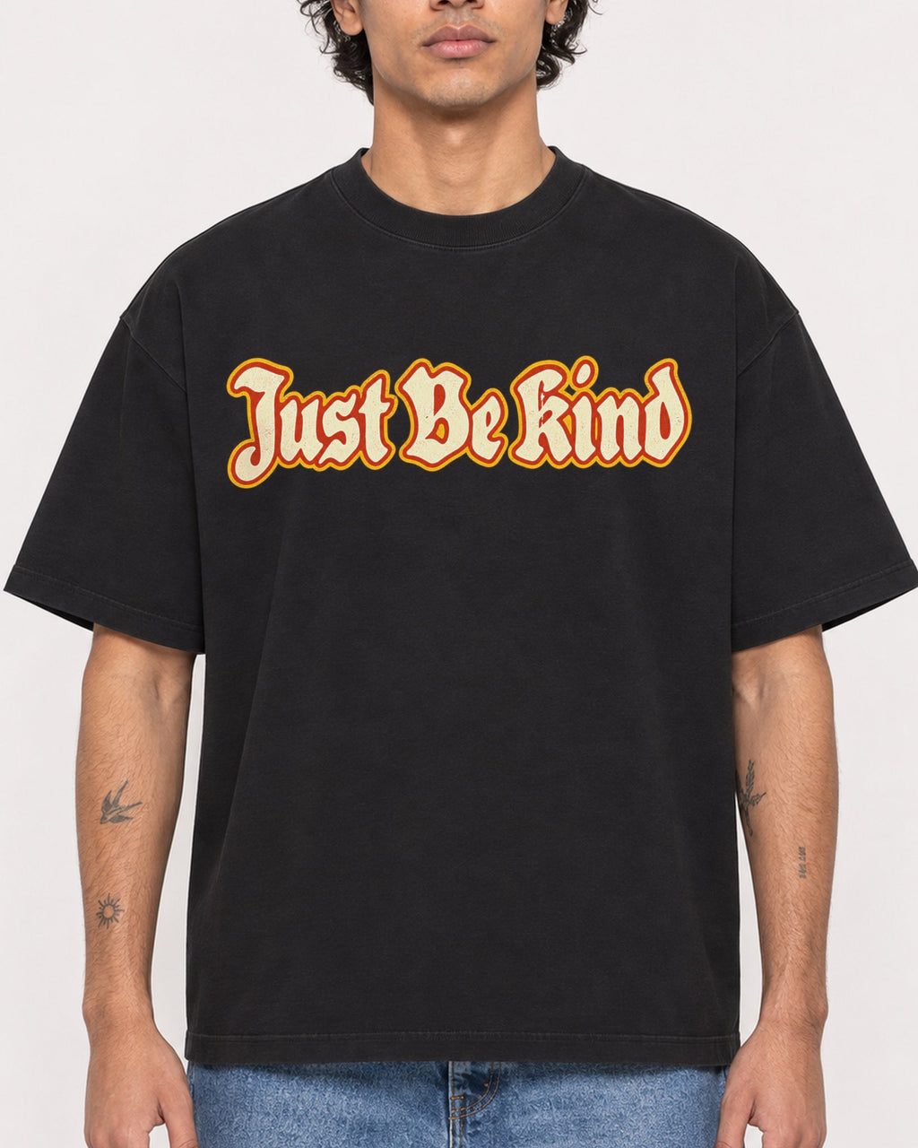 Mockup Boxy Heavyweight Tee Black male close-up 30
