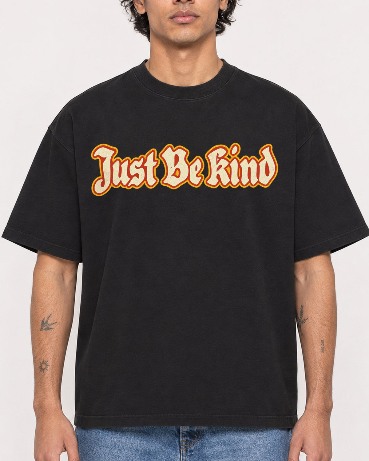 Mockup Boxy Heavyweight Tee Black male close-up 30