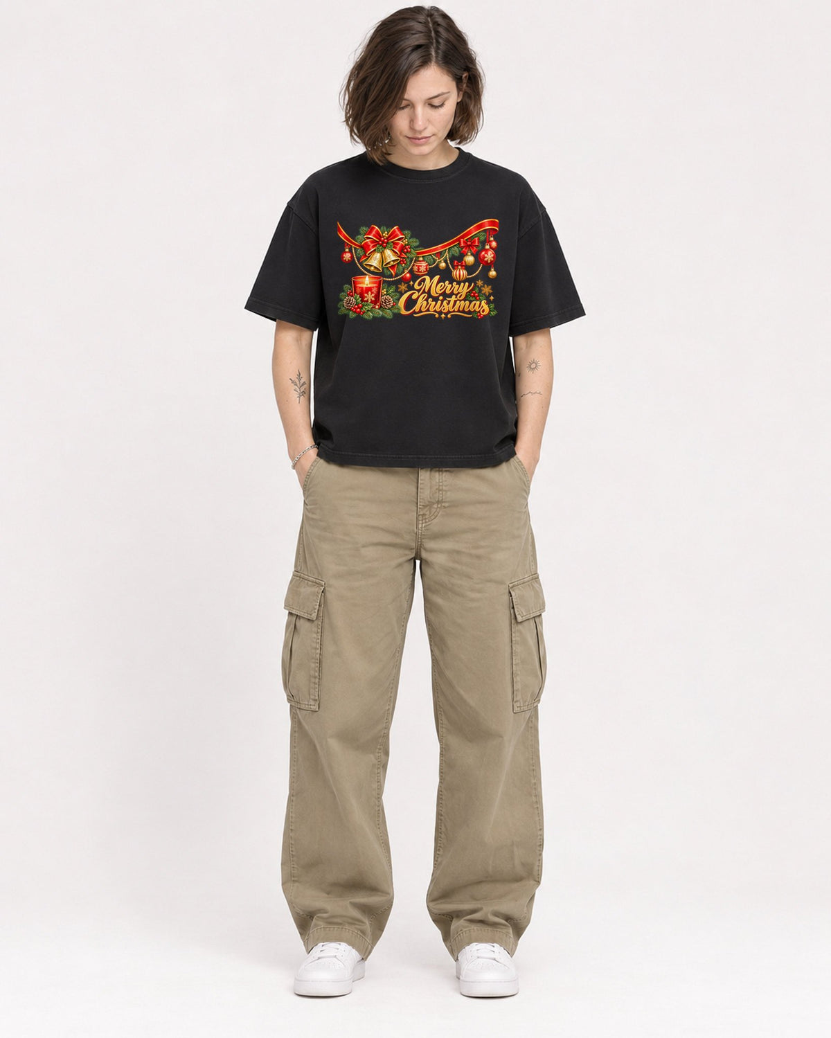Mockup Boxy Heavyweight Tee Black female full-body 18