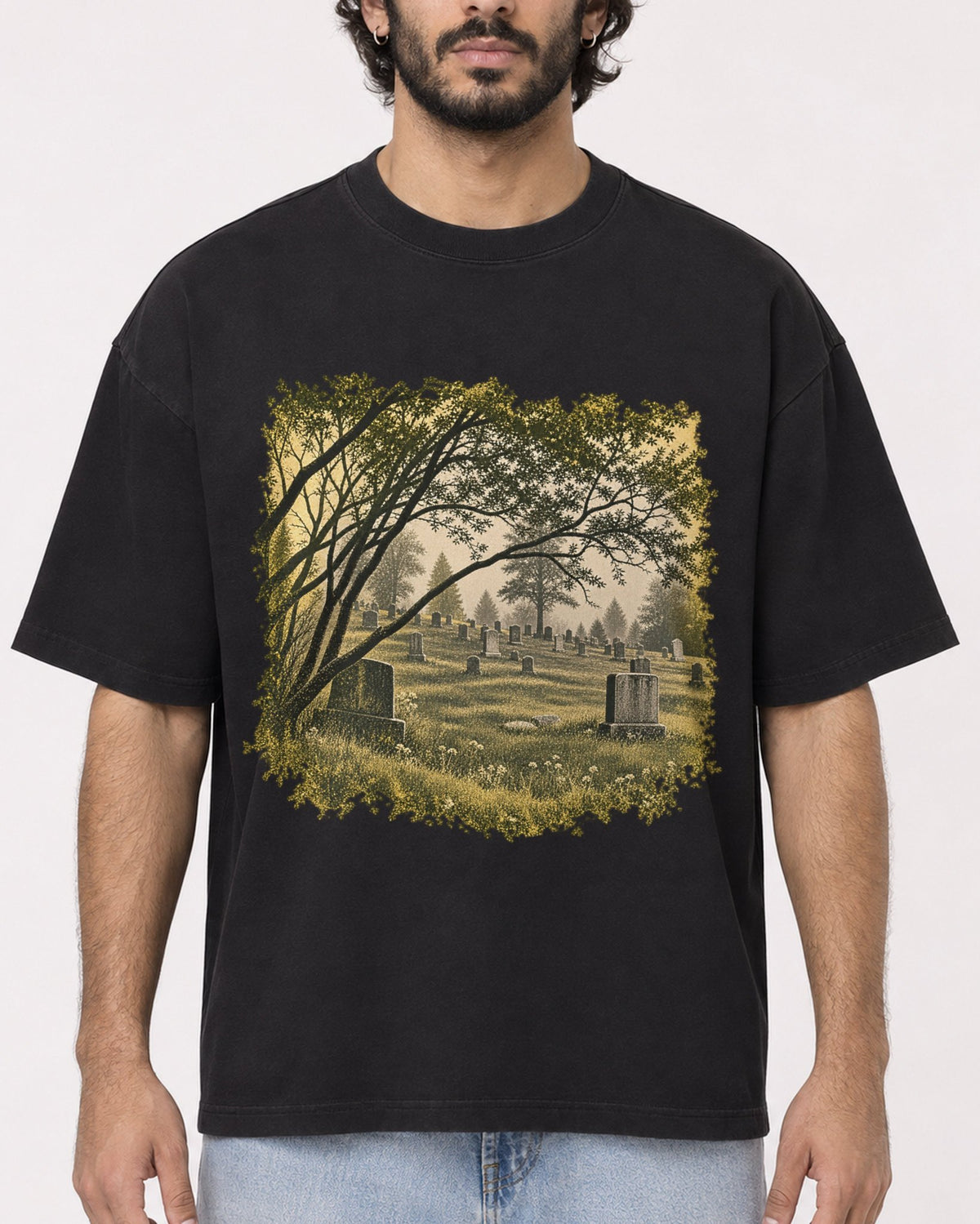 Mockup Boxy Heavyweight Tee Black male close-up 17