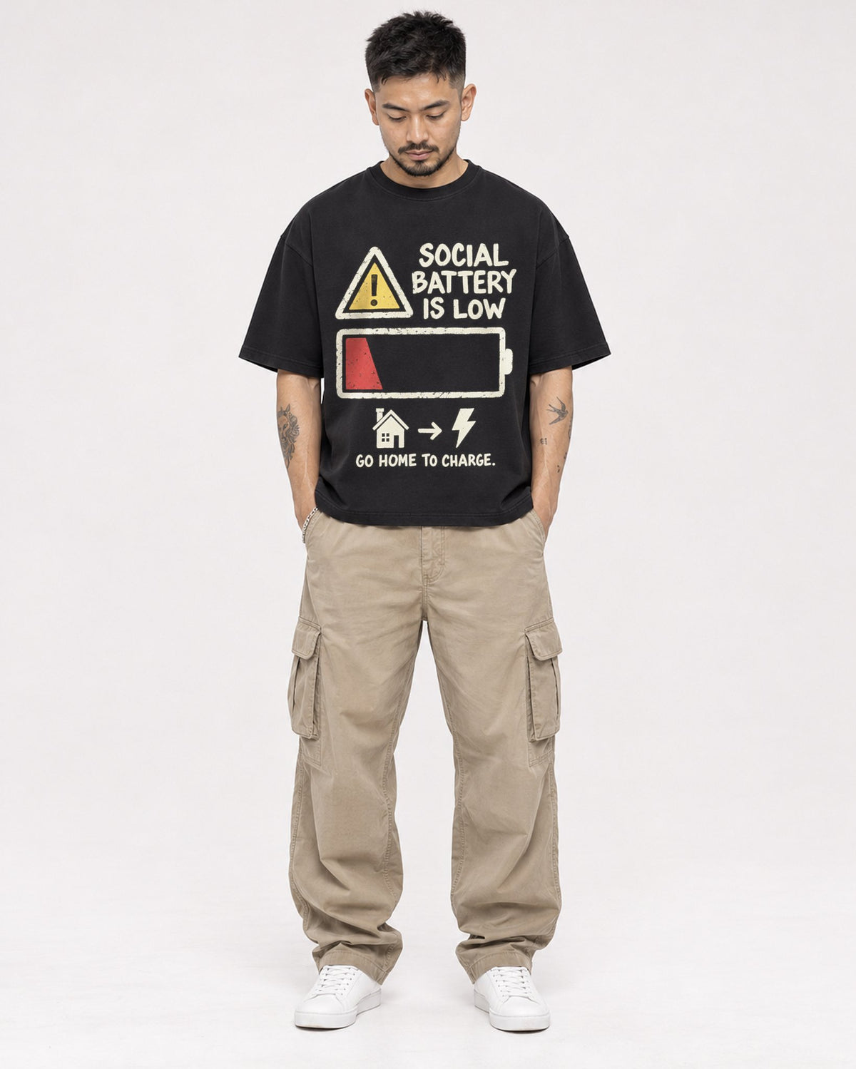 Mockup Boxy Heavyweight Tee Black male full-body 12