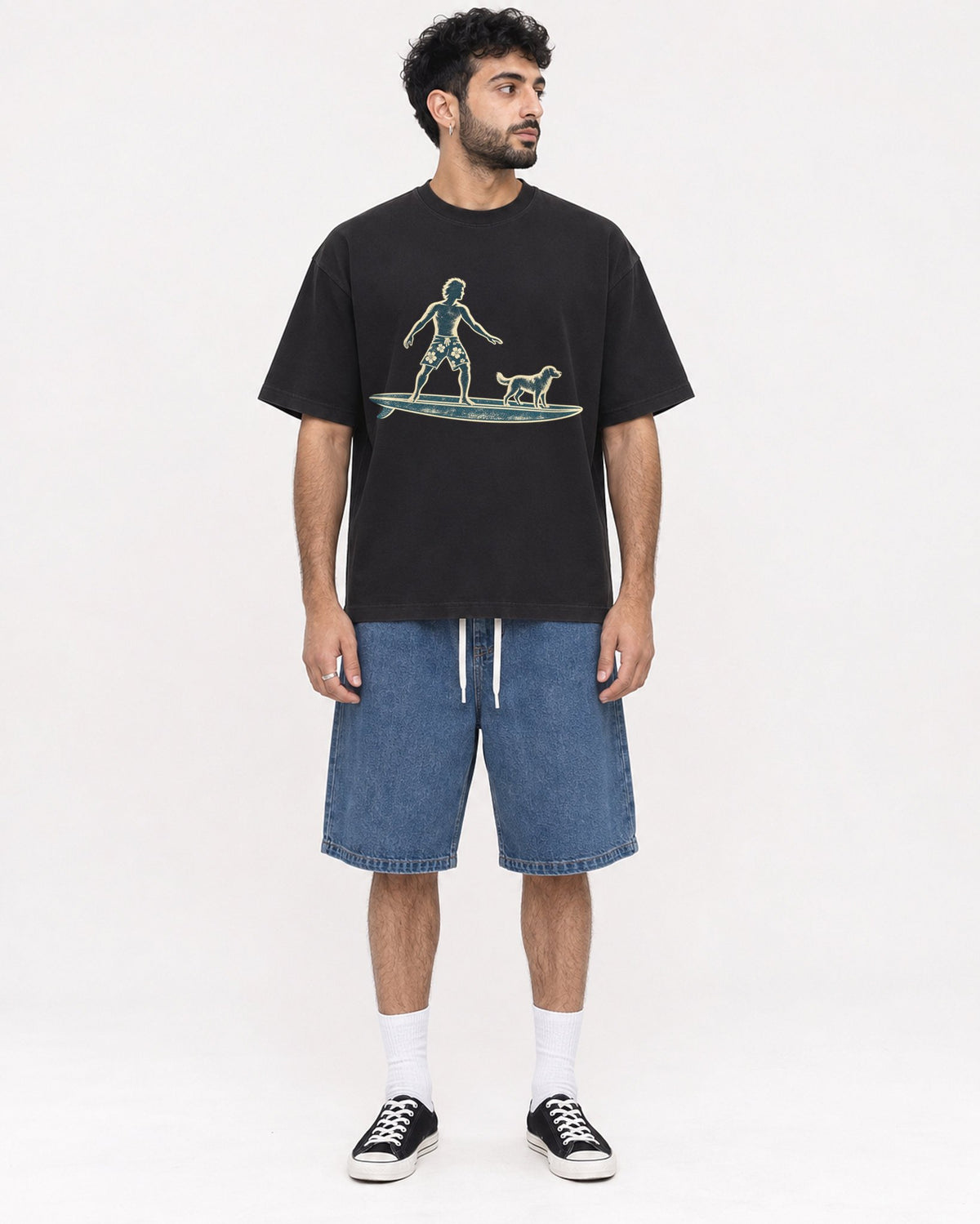 Mockup Boxy Heavyweight Tee Black male full-body 07
