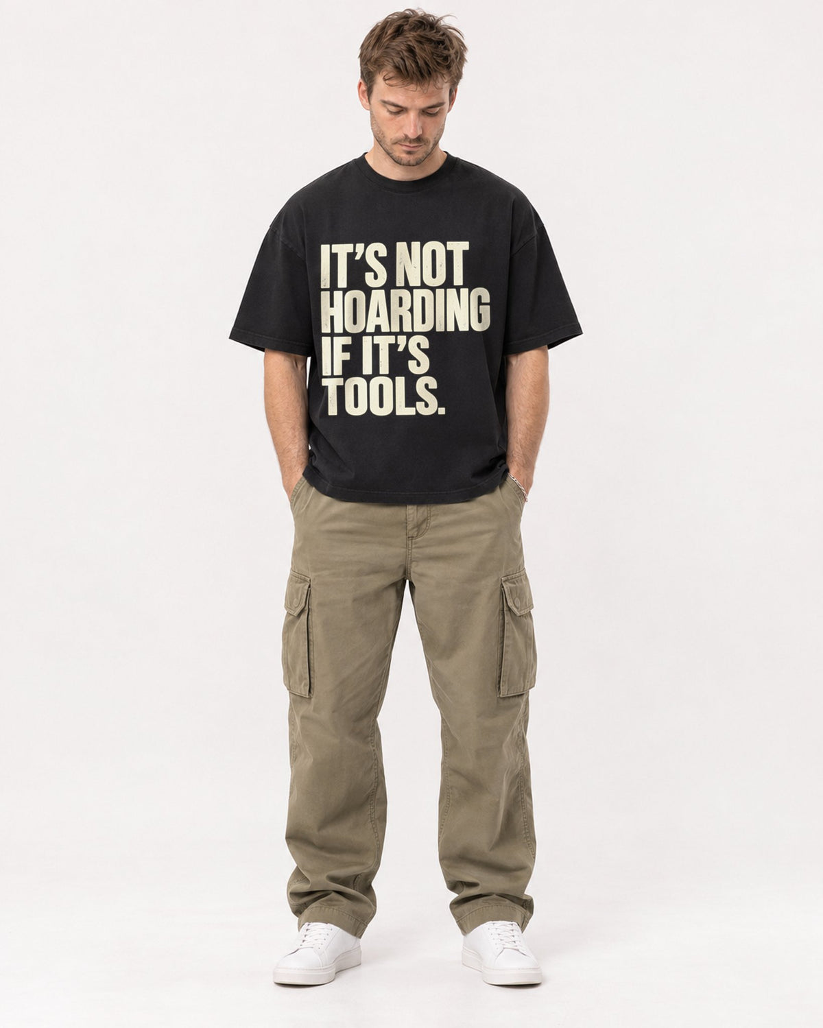 Mockup Boxy Heavyweight Tee Black male full-body 08