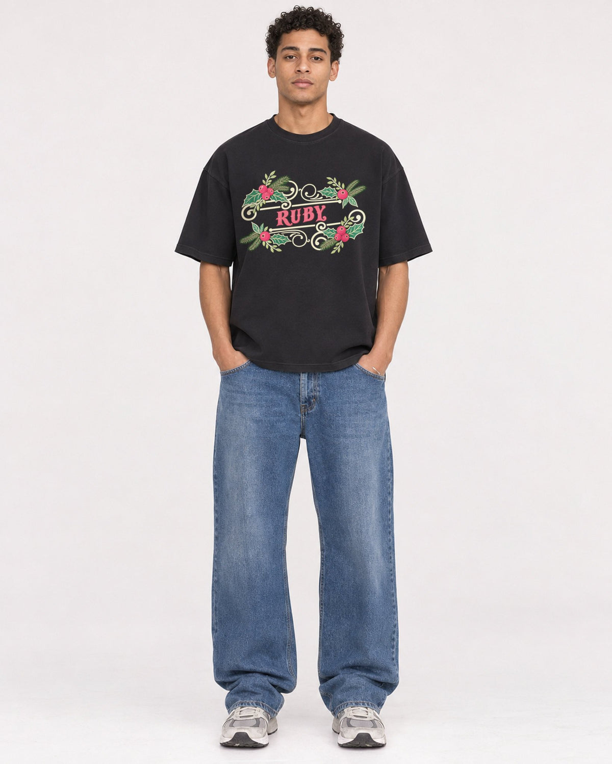Mockup Boxy Heavyweight Tee Black male full-body 10
