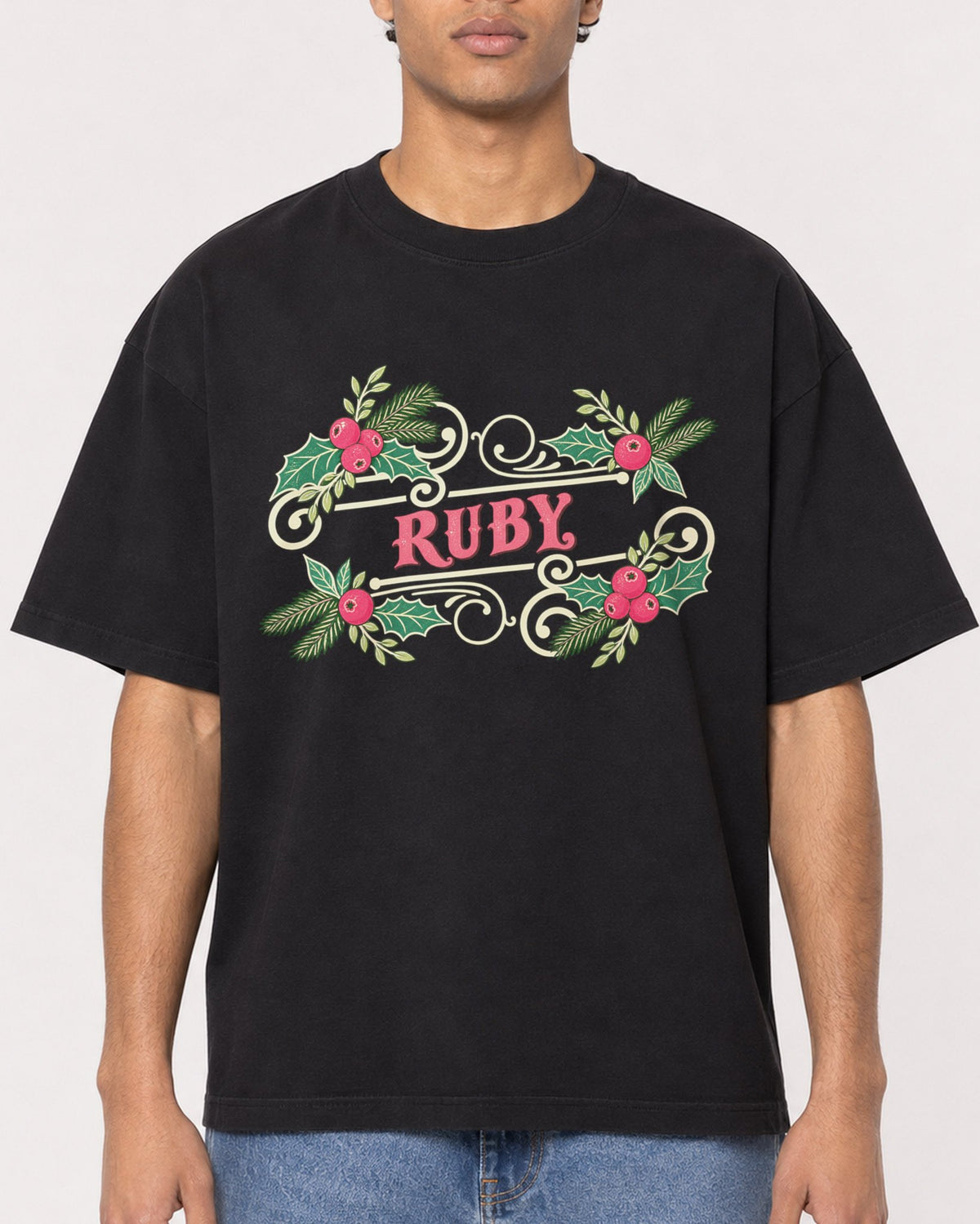 Mockup Boxy Heavyweight Tee Black male close-up 10