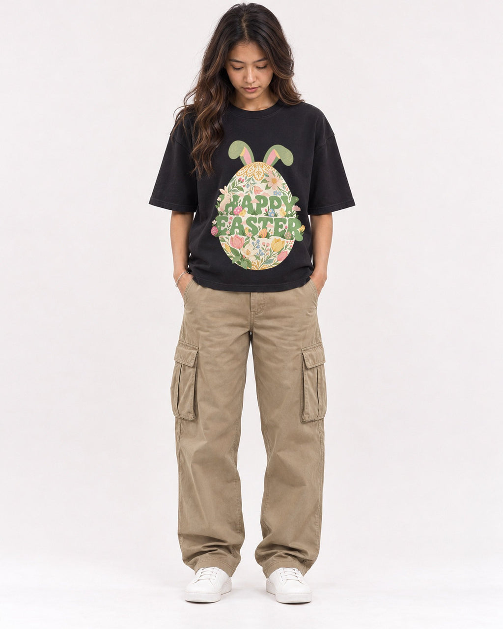 Mockup Boxy Heavyweight Tee Black female full-body 02