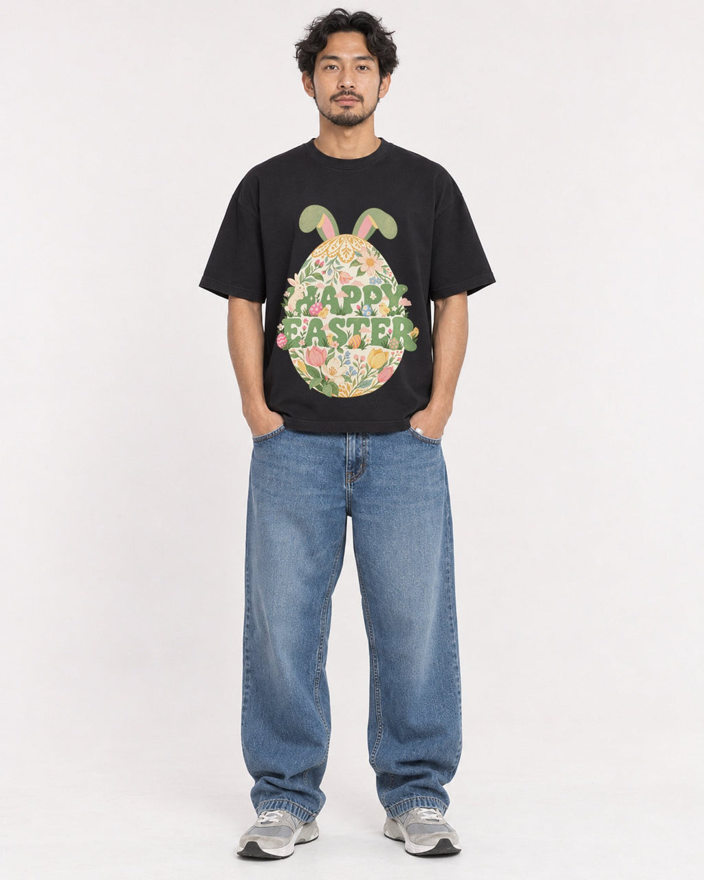 Mockup Boxy Heavyweight Tee Black male full-body 02