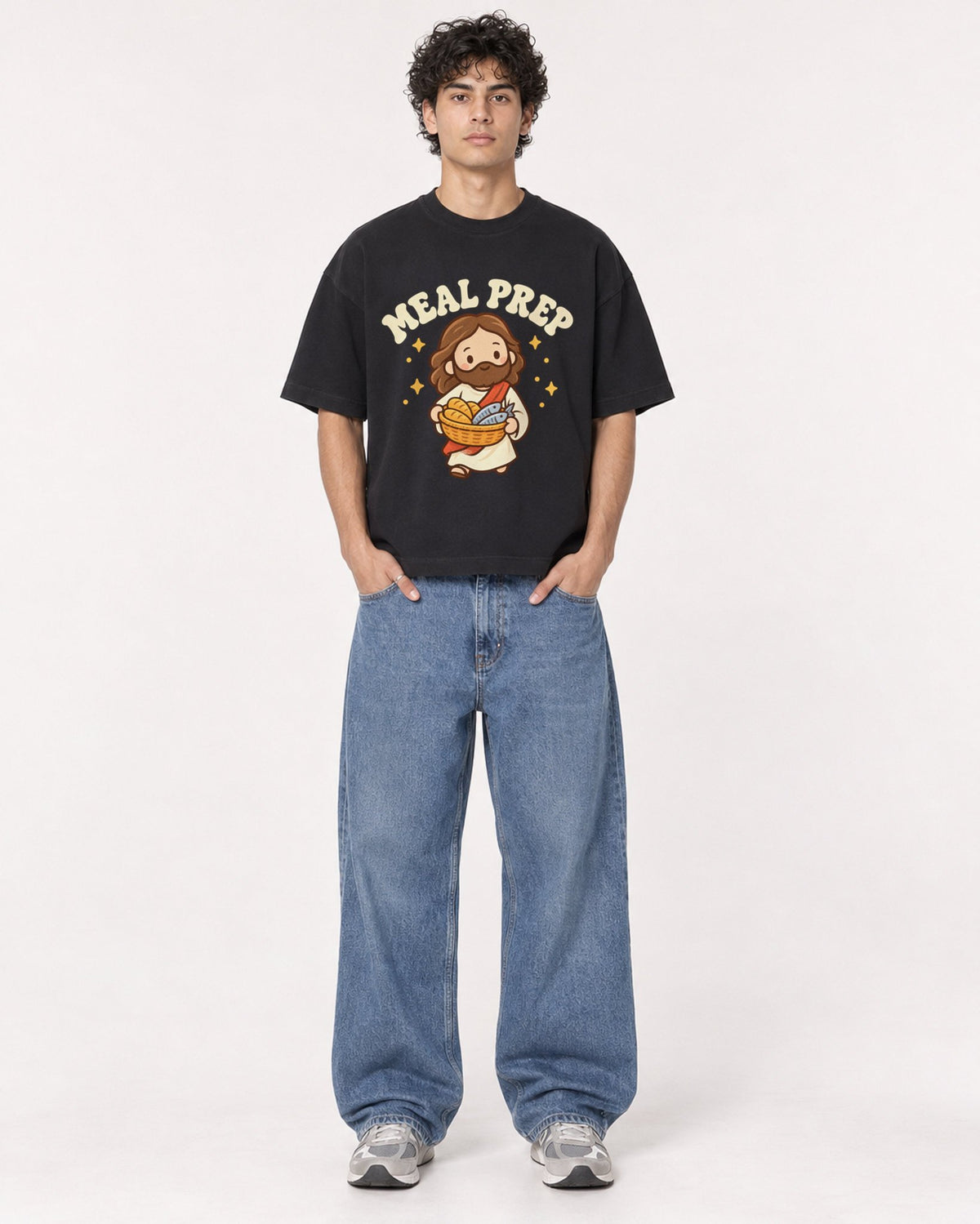 Mockup Boxy Heavyweight Tee Black male full-body 26