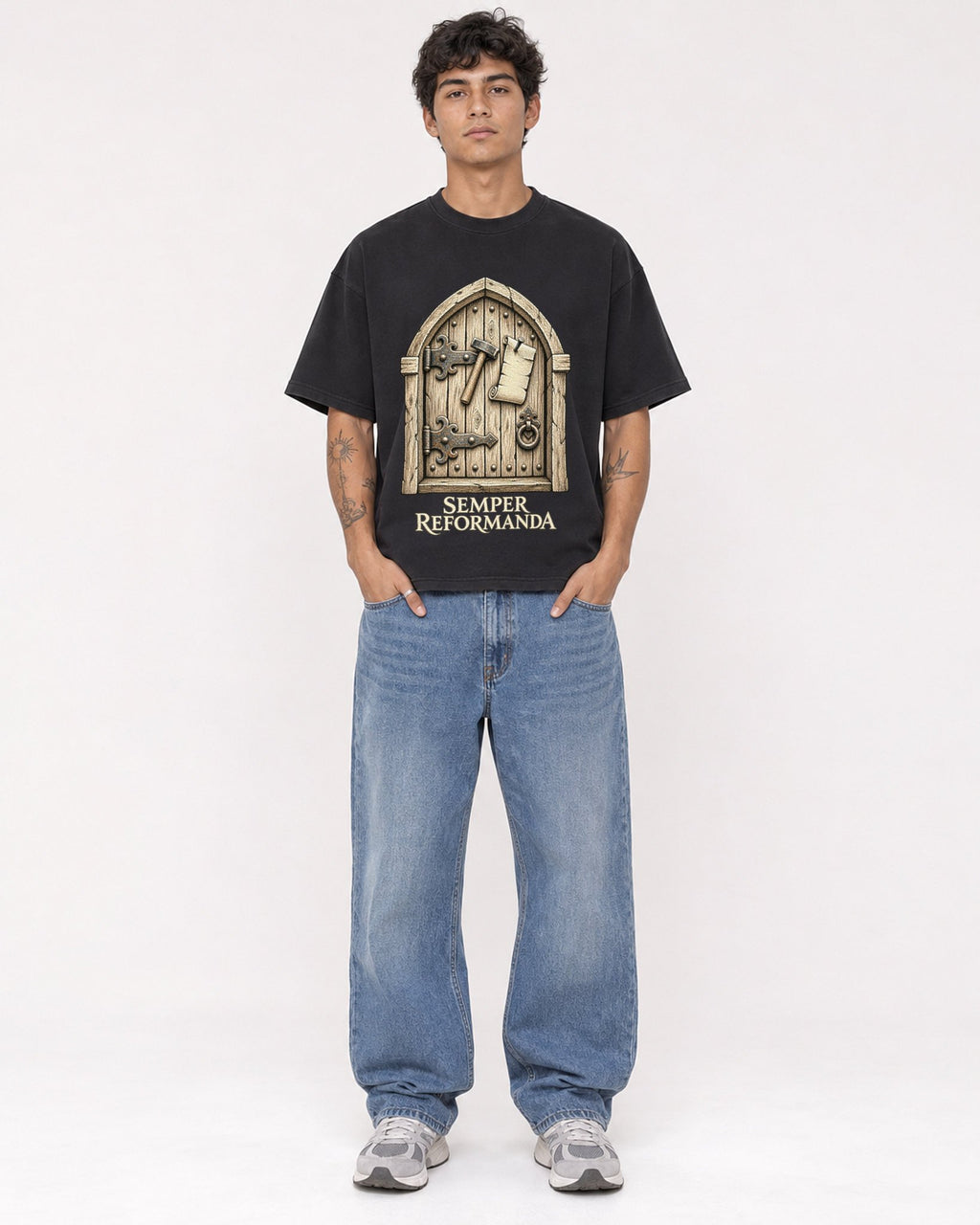 Mockup Boxy Heavyweight Tee Black male full-body 06